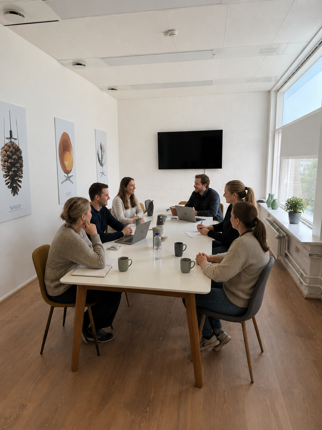 Gruppe af kolleger sidder omkring mødebord med laptops og kaffekopper i lyst kontorlokale.